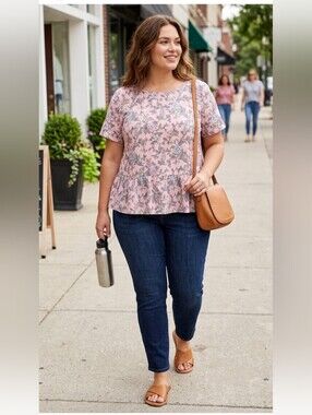Loft Plus Blush Floral Peacock Peplum Blouse Ruffle Hem Top SZ 16